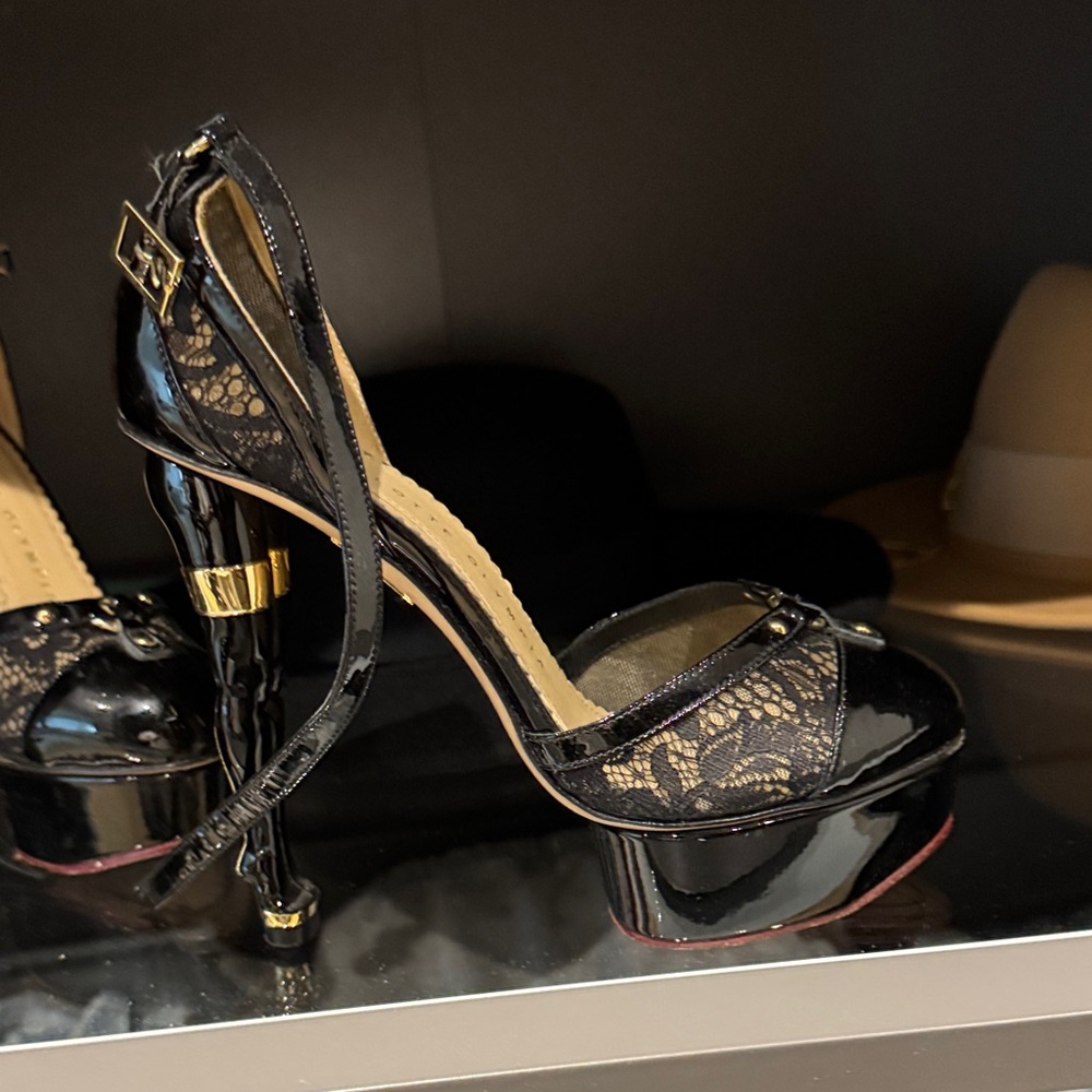 Charlotte Olympia Black Lace Patent Platform Heels - Women's Dress Sandals